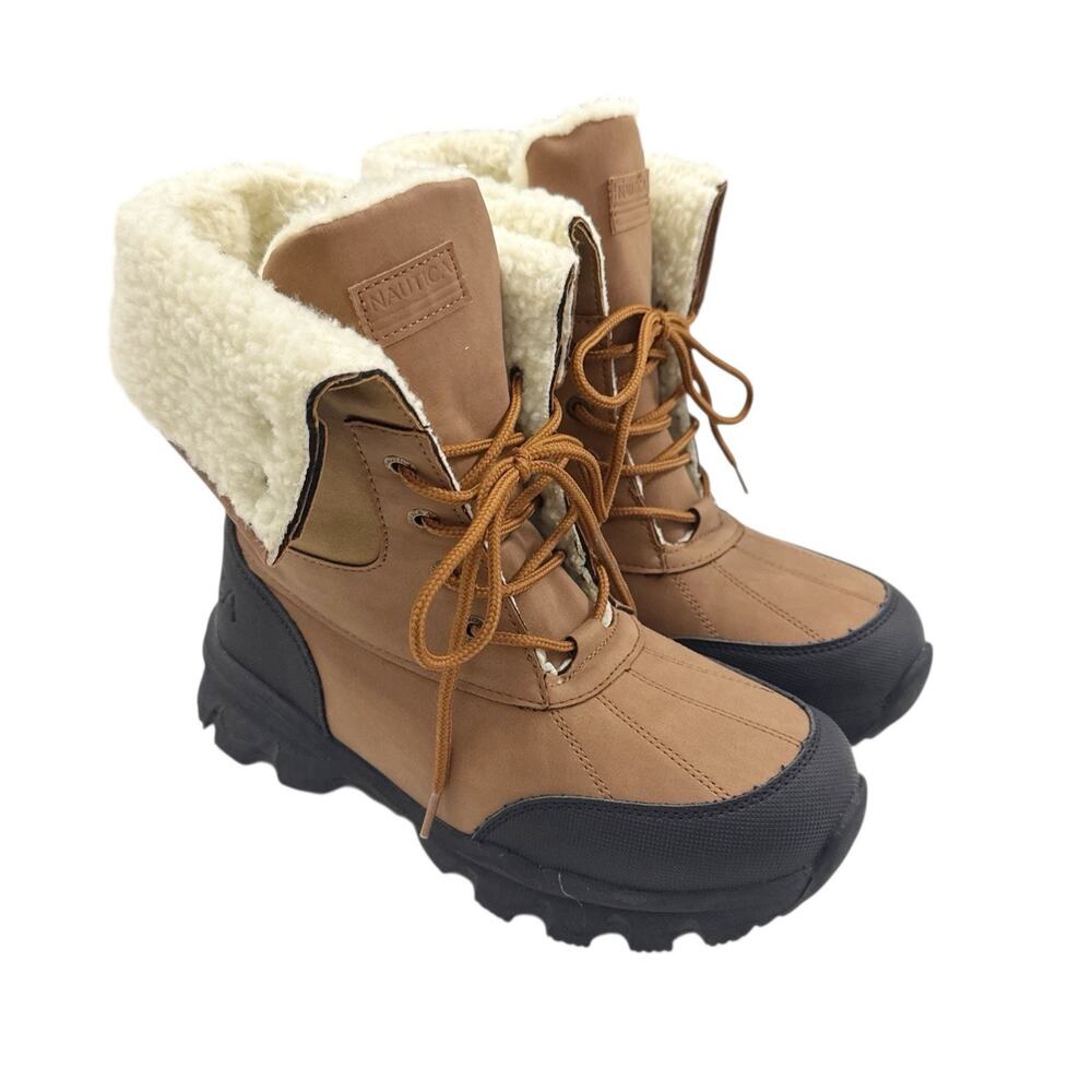 Nautica Winter Boots Faux Shearling Lined Mid Calf Snow Tan Lace Up Youth Size 5